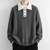 Suéter Polo de Color Contrastante para Hombre Otoño Invierno Cuello de Solapa Tejido de Punto Retro Holgado Top Básico Casual de Punto para Hombre