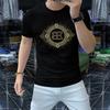 Camiseta de Manga Corta para Hombre Estilo Europeo, Marca de Moda, Adorno de Pedrería, Algodón Merceizado, Corte Ajustado, Camisa de Cuello Redondo para Hombre, Verano Manga Media, Casual y Versátil