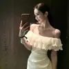 Vestido sereia de cetim puramente sensual para mulheres, vestido de noite versátil de alta qualidade com babados, vestido longo branco, estilo de deusa