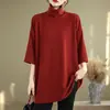 Camiseta Retro Literária de Gola Alta com Meia Manga Plus Size para Mulheres 2025 Outono Nova Levemente Solta com Efeito Emagrecedor Peça de Roupa Externa Camiseta Básica Ombro Direito