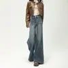 Jeans de Pierna Ancha de Cintura Alta con Doble Botón para Mujer en Otoño, Ajuste Holgado Retro, Sin Pierna, Pantalones Acampanados de Longitud al Suelo