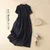 Foto Real de Vestido Camisero Casual Holgado de Manga Corta de Color Sólido de Algodón y Lino Estilo Nuevo Verano 2026 para Mujer, de Longitud Media