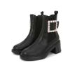 Zapatos Rodis 2025 de Piel Genuina con Hebillas de Diamante, Botas de Mujer Modernas Europeas y Americanas, Tacones Gruesos, Puntas Redondas, Botas de Estilo Británico