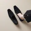 Weiwei Girl 915-1 Mocasines de Terciopelo con Pedrería Francesa para Mujer Suela Plana Altura Oculta Zapatos Individuales Slip-on Zapatos para Conducir