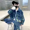 Conjunto de Mezclilla para Niños Otoño Nuevo 2023 Primavera y Otoño Letra Bloque de Color Moda Callejera Chaqueta Moda de Dos Piezas Marca de Moda