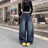 Jeans Azules Lavados Scimitar para Mujer, Pantalones Anchos Retro Americanos de Otoño e Invierno, Pantalones Casuales de Cintura Alta Versátiles de Largo Completo