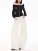 Jeans de Sarja Lavada Estilo High Street Americano, Modelo Quente de Outono para Mulheres, com Bordado Assimétrico Desconstruído, Corte Solto, Calça de Comprimento Total