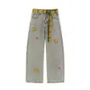 Jeans Rotos Súper Populares para Hombres y Mujeres, Novedad Primavera y Otoño Estilo Americano High Street Diseño Bordado de Oso Lavado Pantalones de Pierna Ancha