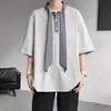 Camiseta de Manga Corta con Cinta Estilo Británico-Coreano para Hombre, Moderna de Verano Talla Grande Corte Holgado para Personas Altas y Corpulentas, Top de Manga Media de Nicho