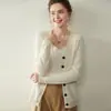 Cardigan de Cashmere Grosso de Fio Duplo Outono e Inverno Novo com Decote V Feminino Solto com Efeito Emagrecedor Jaqueta Tricotada Suéter de Cor Pura Peça de Roupa Externa