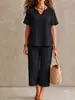 Conjunto de Camisa Casual de Manga Corta con Cuello en V de Color Sólido para Mujer, Transfronterizo Europeo y Americano, con Diseño de Cintura Elástica y Pantalones de Pierna Ancha, Cómodo y Versátil