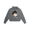 Suéter Pulóver Cachorro Estilo Retro Americano para Mujer, Otoño e Invierno 2025 Nuevo Estilo Perezoso Holgado Tejido de Punto con Cuello Diagonal