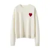 Suéter feminino de cashmere gola redonda, top grosso de manga longa com camada dupla, novo estilo outono e inverno com bordado de coração, camada interna quente