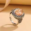 Dije Plateado S925 Plata Pura Granate Rojo Natural Forma de Huevo Incrustaciones Florales Anillo Vintage Cruz de Nepal Transfronterizo Retro