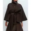 Capa Feminina Europeia e Americana Outono e Inverno Nova Moda Transfronteiriça Cor Sólida Gola Alta Botão Cinto Casaco Trench Coat Jaqueta