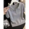 Camisa de Tricô com Gola Tendência Estilo Coreano para Mulheres deste Ano, Camiseta Azul de Manga Curta com Gola Polo Bordada, Top Elegante e de Corte Justo