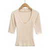 Camiseta Feminina Justa de Manga Três Quartos para Usar por Baixo Decote Redondo Grande Cintura Elástica Look Emagrecedor Top Curto Cor Pura Camiseta Decote V