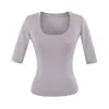 Camiseta de Lyocell Tencel con Cuello en U y Mangas Medias para Mujer 2026 Verano Única Elegante Chic Top Básico Ceñido a la Cintura
