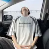 Camiseta Masculina de Verão Estilo Americano com Mangas Curtas, Listrada, Raglã, Tecido Pesado, Tendência, Patchwork Estilo Biker, High Street, Bloqueio de Cores