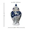 Vaso Meio Azul de Jingdezhen com Borda e Tampa Azul Dourada, Pote de Armazenamento, Novo Item Decorativo Estilo Chinês para Sala de Estar, em Estoque