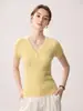 Simples e elegante~Suéter feminino de gola V de manga curta 100% caxemira pura botões malha canelada macia slim fit