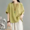 Camiseta Feminina de Verão Nova, Manga Curta, Bordada, Algodão e Linho, Gola Redonda, Soltinha, Tamanho Grande, Pulôver Top Tendência