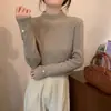 Outono e Inverno 2023 novo Maillard Marrom blusa básica feminina gola alta meia manga estilo ocidental suéter de malha modelagem justa top para usar por baixo