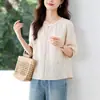 Camisa de Linho Feminina Manga Cinco Pontos 2026 Verão Nova Gola Redonda Blusa Pulôver Nova Estilo Chinês Estilo Nacional Camisa Bordada