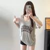 Blusa de Verano Casual Ligera con Cuello Asimétrico Chic Hombros Descubiertos Estampado de Letras Protección Solar para Mujer Mangas Cortas
