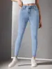 Pantalones vaqueros ajustados y elásticos para mujer, talla estándar popular europea y americana, personalizados, transfronterizos, de cintura alta con control de abdomen, entrega rápida