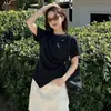 # Camisa feminina preta de manga curta para primavera, casual, acinturada, emagrecedora, solta, bonita e assimétrica