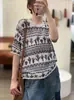 Estilo Novo Primavera 2026 Linho Lyocell Estampado Casual Modelagem Solta Efeito Emagrecedor Camiseta de Tricô Básica com Mangas Médias para Mulheres