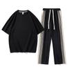 Conjunto Casual de Rua Americano Transfronteiriço Manga Curta Verão Seda Gelada Listrado Calça Camiseta Esportivo Conjunto de Duas Peças