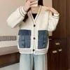 Cardigan Suéter Patchwork com Bolsos em Jeans Estilo Japonês e Coreano para Mulheres, Novo Outono e Inverno Solto Gola V Casual Preguiçoso Jaqueta de Tricô