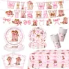 Set de Fiesta Vaquera Rosa para Niñas, Platos de Papel Desechables de Cumpleaños, Vasos, Servilletas, Mantel y Decoraciones de Banderines