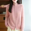 Cárdigan de Punto Grueso de Lana Pura para Mujer con Doble Cremallera Estilo Holgado Perezoso Cuello Alto Medio Abrigo Suéter Otoño Invierno