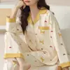 Pijama de Algodão Imitado para Mulheres, Manga Longa e Calça Longa, Cardigã para Primavera e Outono, Estilo Casual Simples de Alta Qualidade, Conjunto de Pijama Plus Size para Mulheres