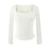 Camisa de Manga Larga Falsa de Dos Piezas con Cuello Cuadrado y Patchwork de Encaje Color Café para Mujer 2026 Nuevo Llegada de Otoño Diseño Americano Top Picante para Chica