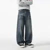 Jeans Retro Americanos con Bigotes Lavados Diseño de Pierna Curva para Hombres y Mujeres Casual Moderno Pantalones de Caída Larga al Suelo
