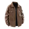 Jaqueta baseball de motocicleta estilo americano transfronteiriça, jaqueta de couro lavada para homens, primavera e outono, gola de lapela, corte solto, estilo aviador