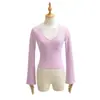 2591-26 Novo Estilo de Início de Primavera Estilo Europeu e Americano Sexy Costurado Decote V Profundo Levemente Acampanado Manga Longa Curta Camiseta Casual