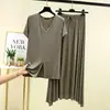 Conjunto de falda de manga corta con cuello en V de modal para mujer, verano, color sólido, casual, ropa exterior, talla grande, holgado, conjunto de dos piezas