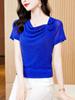 Diseño de Encaje Hermosas Blusas de Mujer Nueva Camiseta Flor Estéreo Color Puro Seda Brillante Malla Manga Corta Camiseta Básica para Mujer