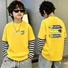 Camiseta Rayada de Falso Dos Piezas de Manga Larga para Niños, Tallas Mediana a Grande, Camiseta de Algodón Puro, Cuello Redondo Atractivo, Prenda Base de Otoño para Niños