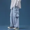 Calça Jeans Cargo Masculina Ins Tendência Solta Reta Bolso Grande Perna Larga Estilo Hong Kong Retrô Comprimento Total Calça de Pai
