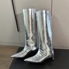 Versão em Couro de Vaca ~ Moda Feminina Sexy Bico Fino Salto Alto Manga Cor Sólida Botas Slip-on Elegante Francês Botas de Cano Alto