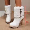 Botas de Media Pantorrilla de Tacón Alto con Hebilla de Cinturón Nueva de Otoño Borde Crudo para Mujer Comercio Exterior Pedrería Tacón Grueso Plataforma Impermeable Cálidas Moda Botas de Piel