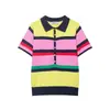 Atacado Fabricante de Roupas Femininas Transfronteiriço 2026 Moda Europeia e Americana Blusa de Tricô Listrada Manga Curta Gola Polo Color-Blocking
