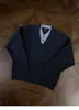 Suéter Falso de Dos Piezas con Cuello en V para Hombre, Otoño e Invierno, Estilo Old Money, Retro Americano, Ropa de Punto Casual y Relajada para Adolescentes