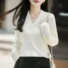 Suéter de Punto de Manga Larga para Mujer 2026 Otoño Nuevo Estilo Coreano Holgado Cuello en V Color Sólido Top con Elementos de Diseño